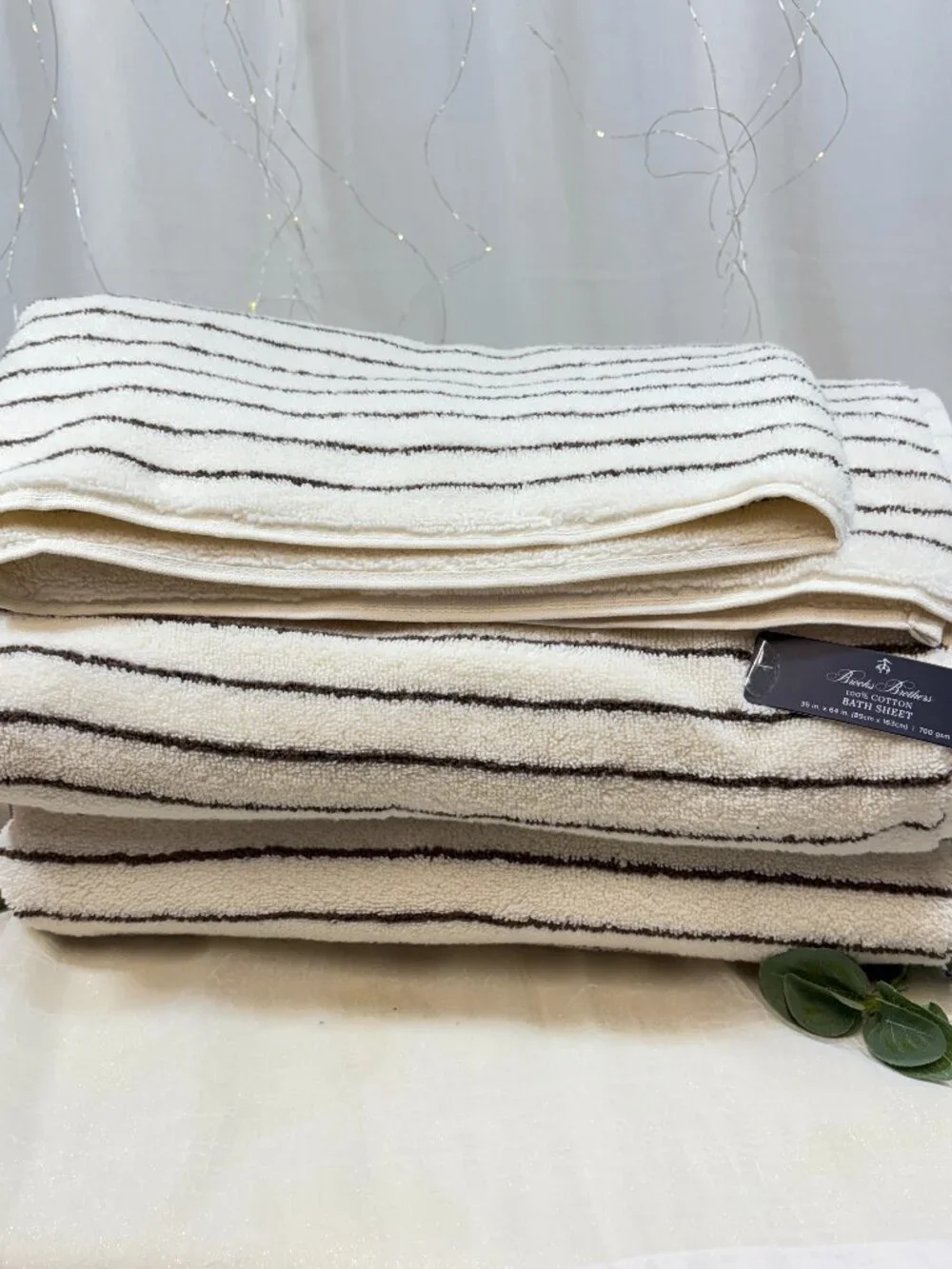 2 BROOKS BROTHERS Premium Turkish Bath Sheet Striped Ivory & Dark Brown 700 Gsm